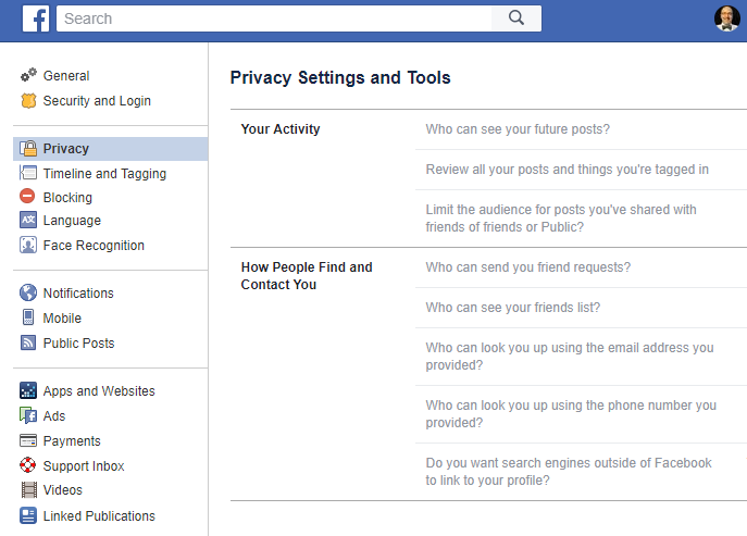 Facebook Privacy Menu